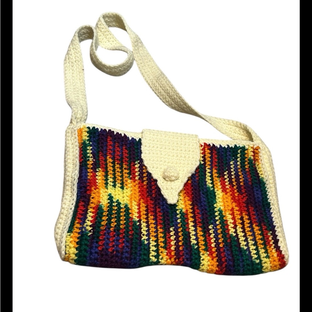 Hand Crocheted Boho Rainbow Crossbody Purse W Button Closure - Picture 2 of 4